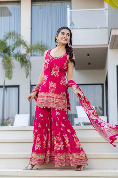 Rani Pink Sharara Kurti 3 Pieces Set