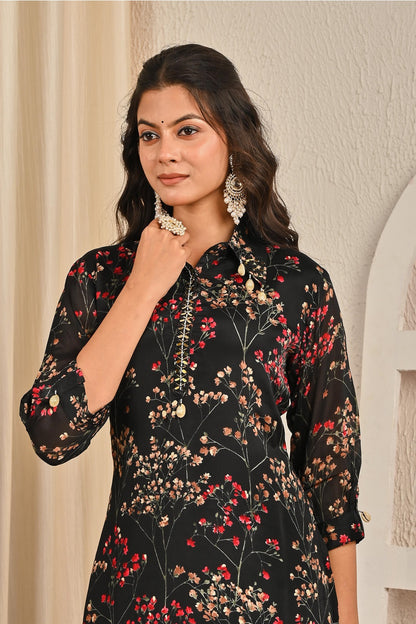 Black Printed Chinon Kurti 2 Pieces Set