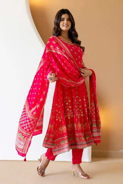Rani Pink Crepe Frock Kurti 3 Pieces Set