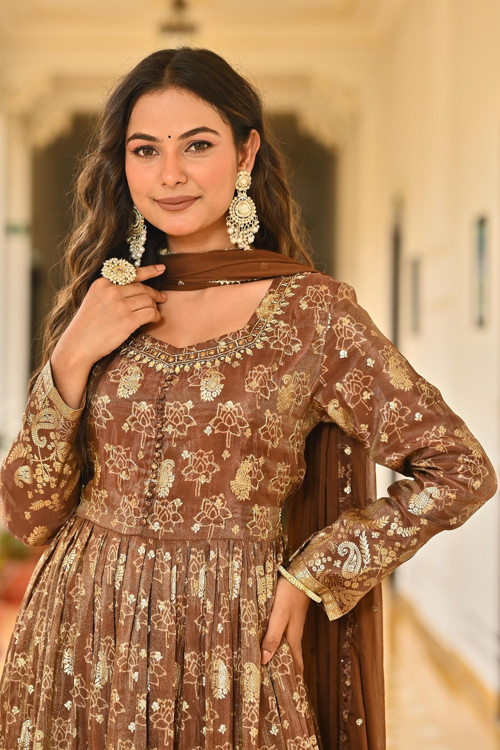 Brown Shimmer Frock Kurti 3 Pieces Set