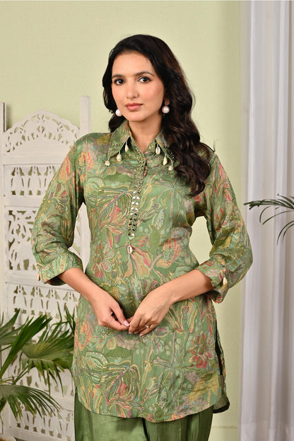 Pista Green Chinon Printed 2 Pieces Set