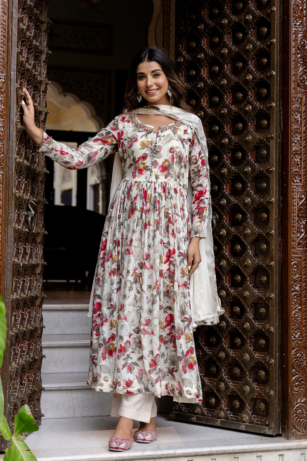 Cream Chinon Frock Kurti 3 Pieces Set