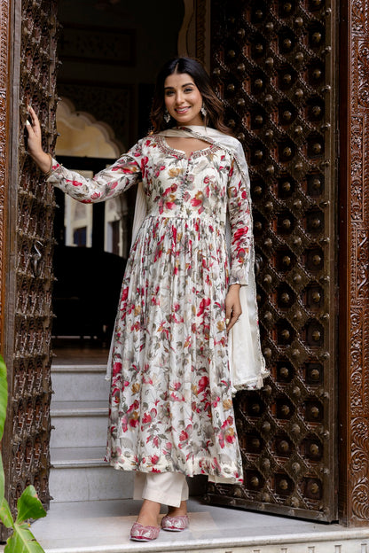 Cream Chinon Frock Kurti 3 Pieces Set