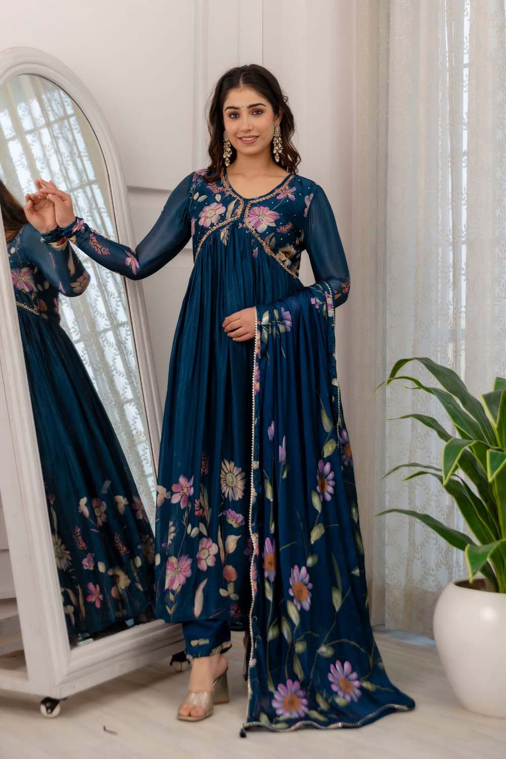 BLUE KURTI FROCK WITH PANT AND DUPATTA SET