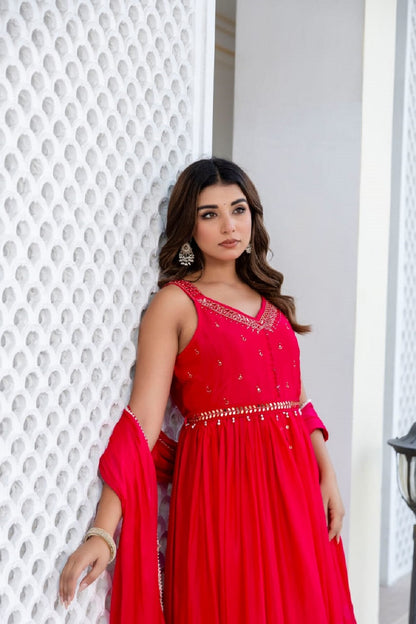 Rani Pink Chinon Skirt Kurti 3 Pieces Set