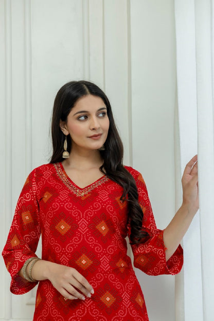 Red Rayon Handwork Straight Cut Kurti