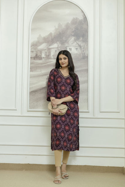 Wine Rayon Handwork Straight Cut Kurti