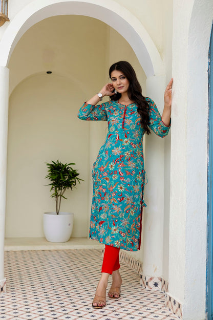 Rama Green Rayon Printed Straight Kurti