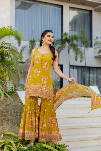 M Green Crepe Sharara Kurti 3 Pieces Set