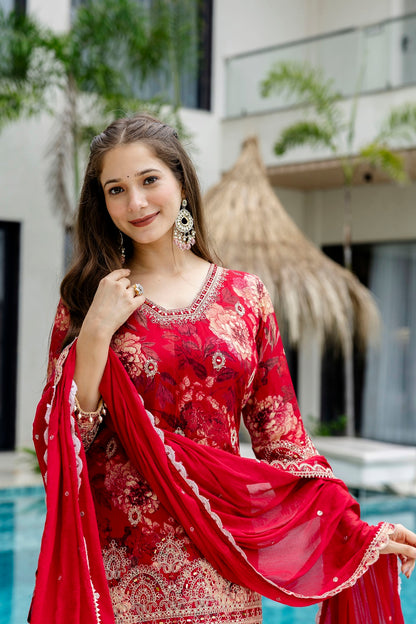 Red Chinon Kurti Skirt 3 Pieces Set