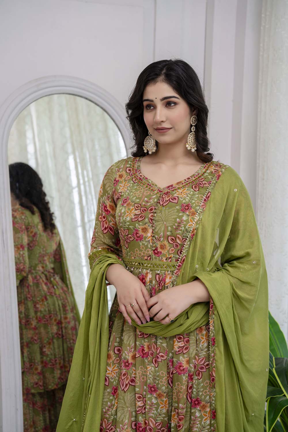 KAIRA MEHANDI GREEN POPLON KURTI PLAZO DUPATTA SET