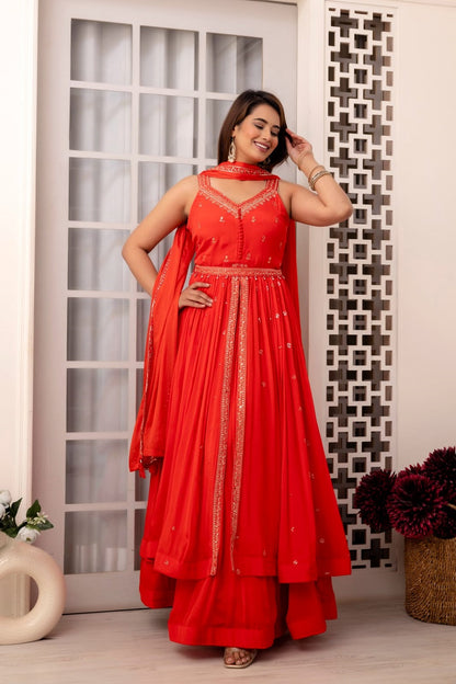 Red Chinon Skirt Kurti 3 Pieces Set