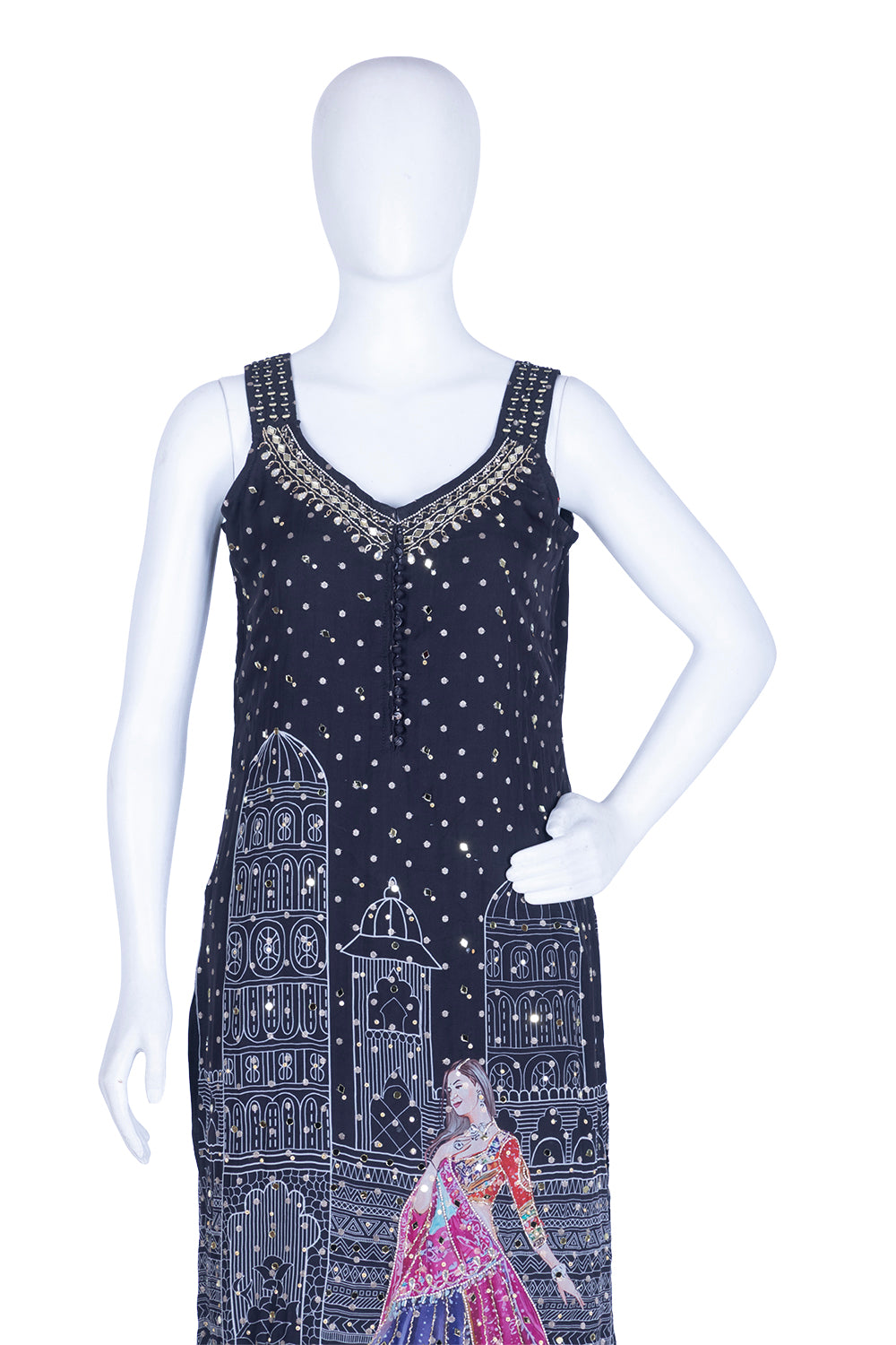 Black Chinon Kurti Pant 3 Pieces Set