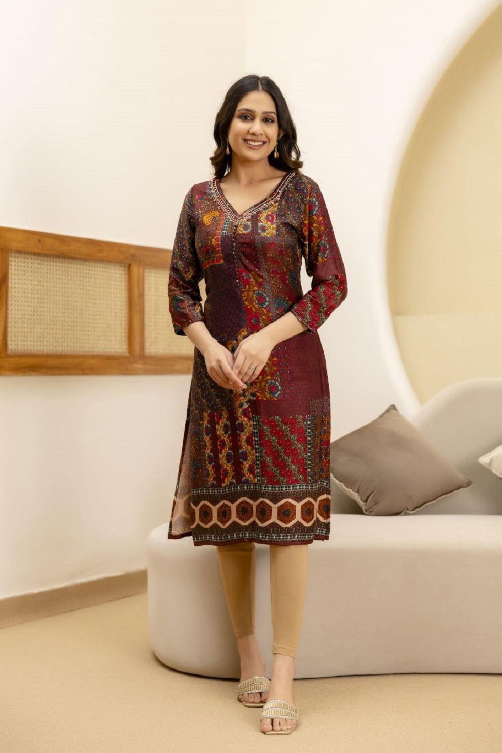Brown Rayon Printed Straight Kurti