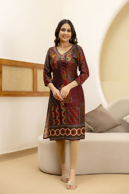 Brown Rayon Printed Straight Kurti