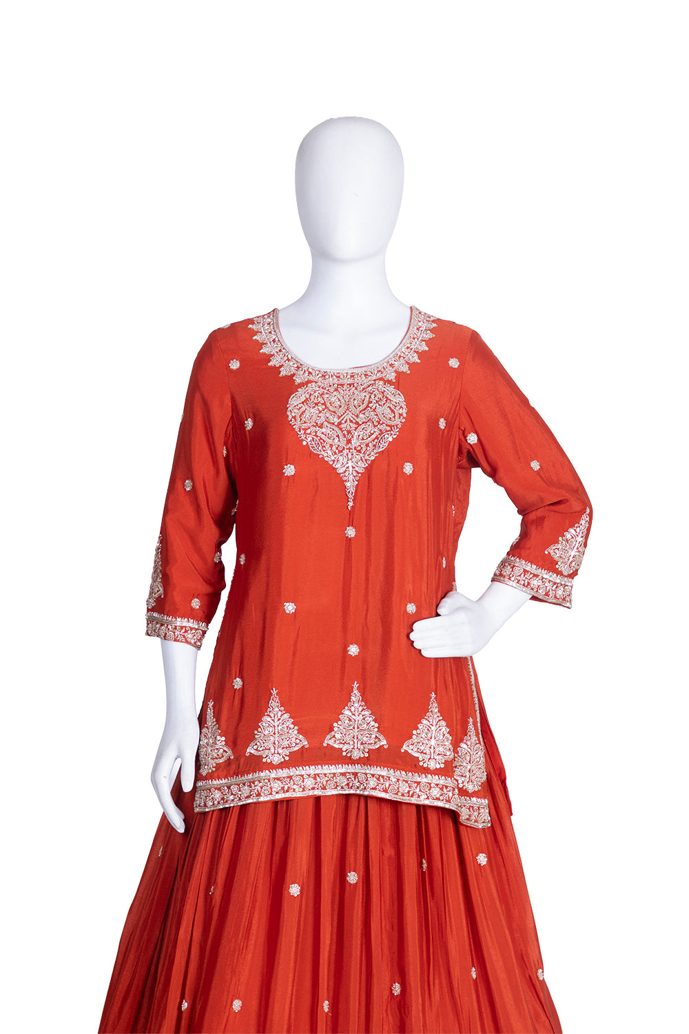 Rust Chinon Kurti With Skirt