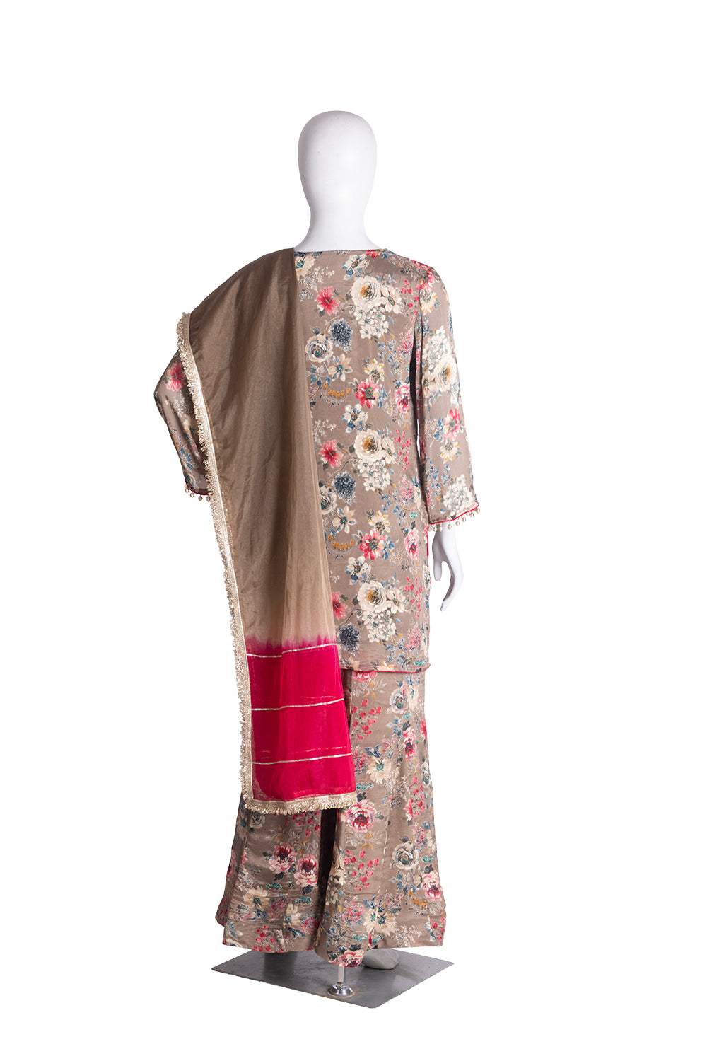 Brown Chinon Garara Kurti 3 Pieces Set