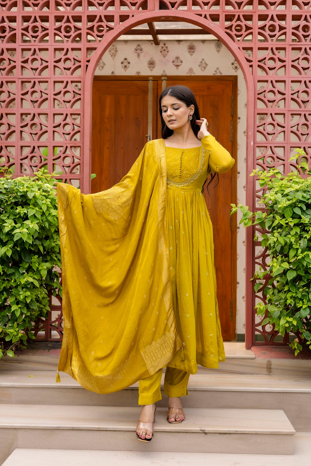 M Green Chinon Frock Kurti 3 Pieces Set