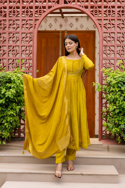 M Green Chinon Frock Kurti 3 Pieces Set