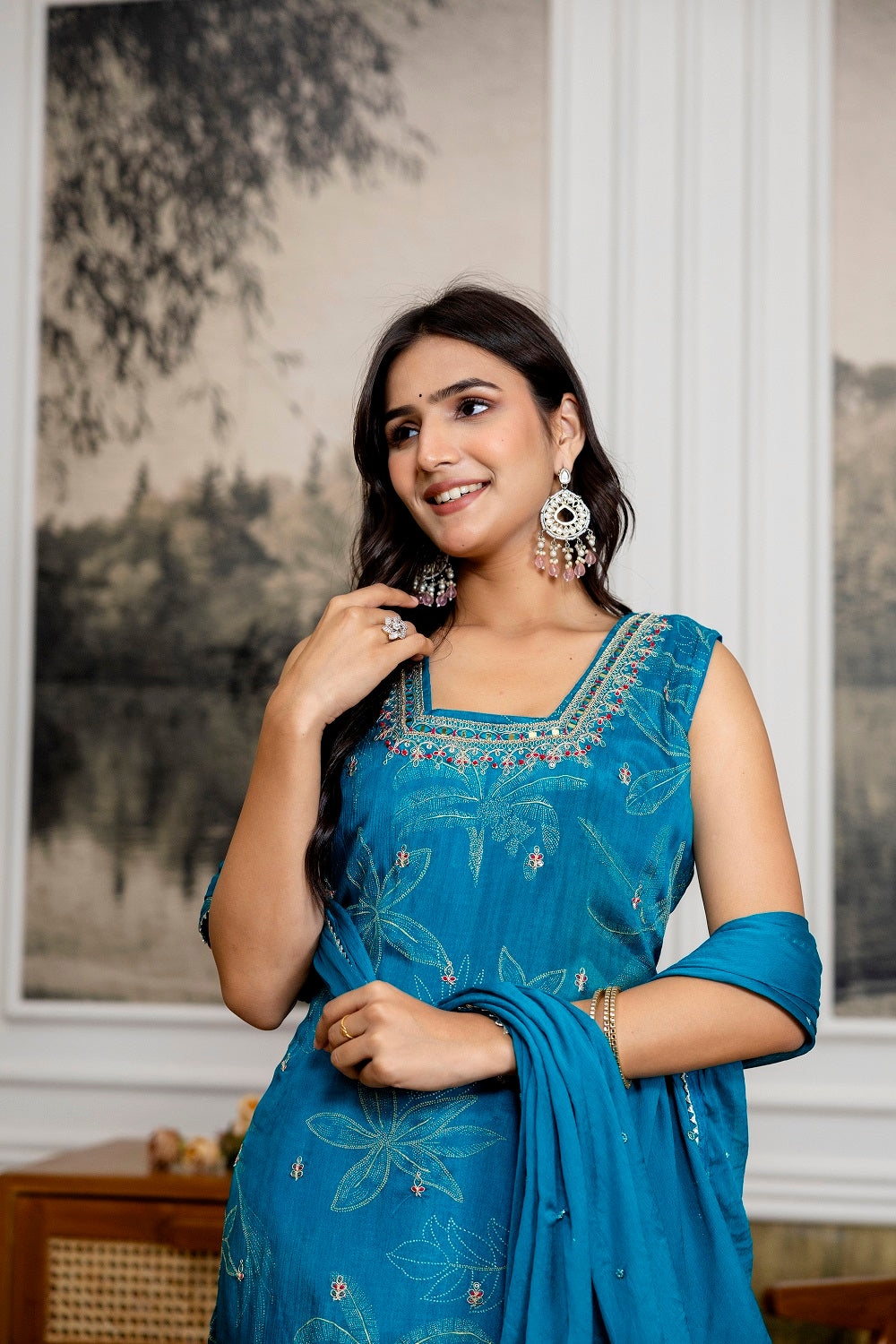 Rama Green Chinon Garara Kurti 3 Pieces Set