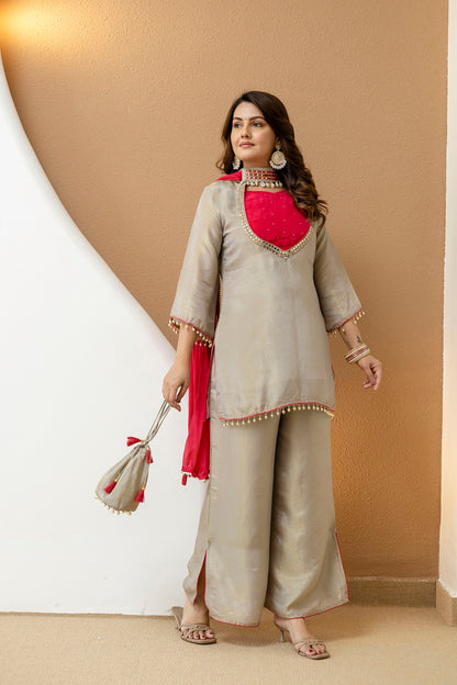 Grey Shimmer Plazo Kurti 3 Pieces Set