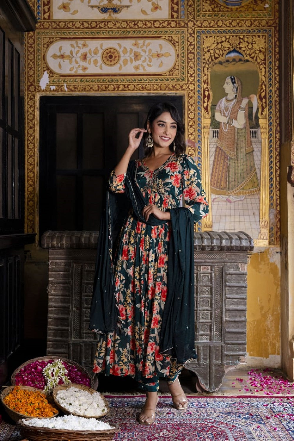 Bottle Green Chinon Aliya Cut Kurti 3 Pieces Set