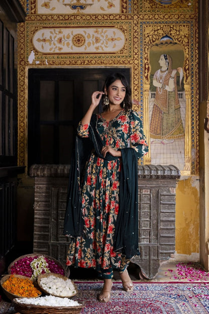 Bottle Green Chinon Aliya Cut Kurti 3 Pieces Set