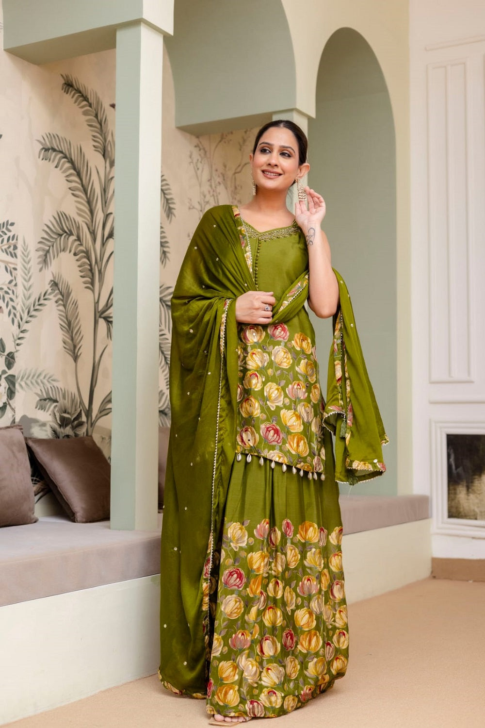 M Green Silk Kurti Sharara 3 Pieces Set