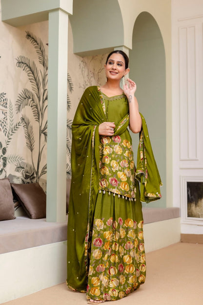 M Green Silk Kurti Sharara 3 Pieces Set