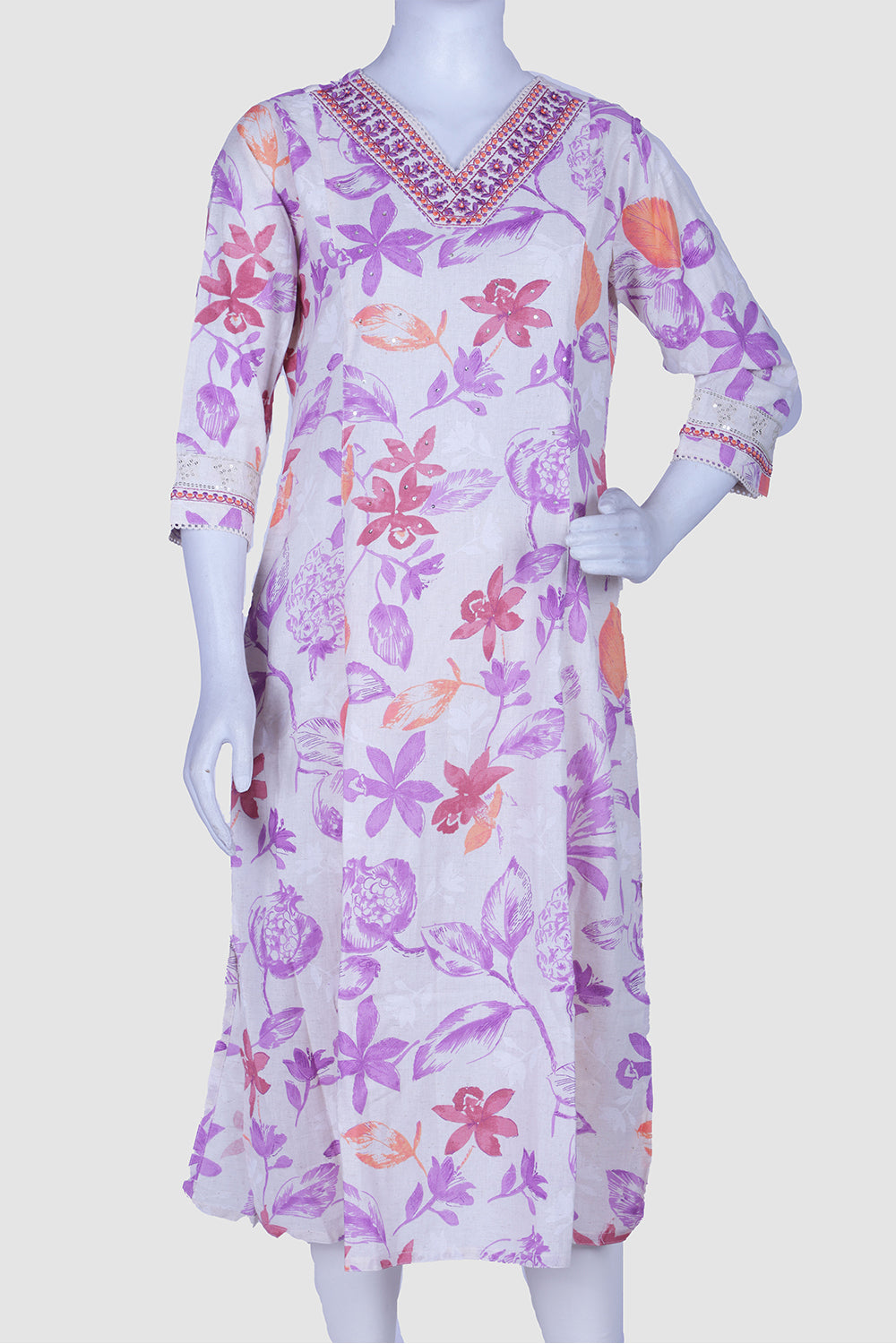 Purple Cotton A-line Kurti
