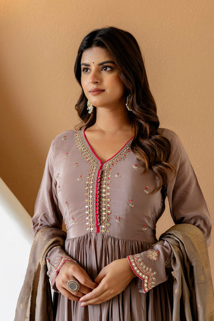 Brown Crepe Frock Kurti 3 Pieces Set
