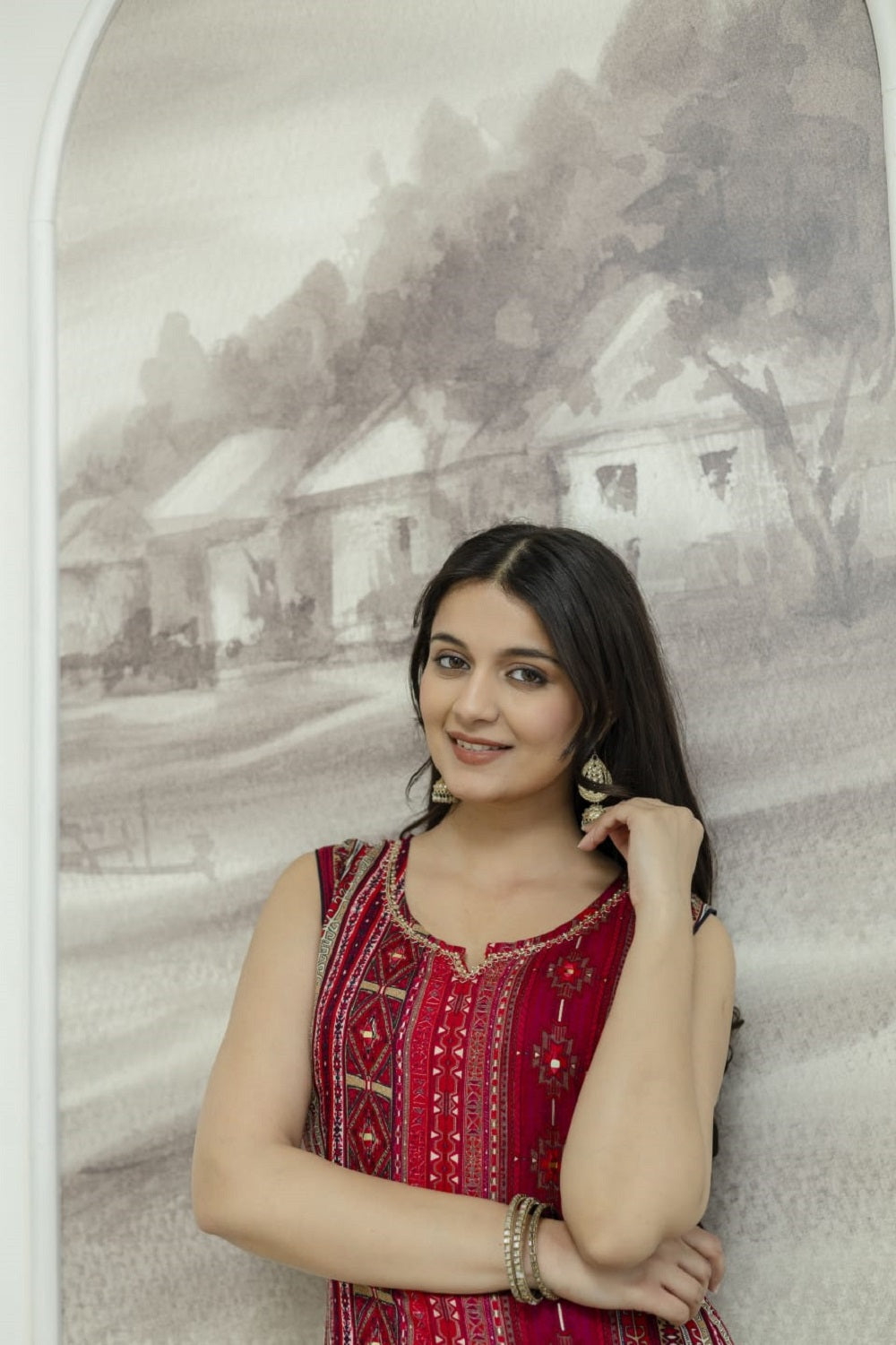 Maroon Rayon Handwork Straight Cut Kurti