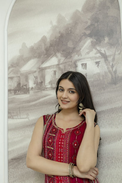 Maroon Rayon Handwork Straight Cut Kurti