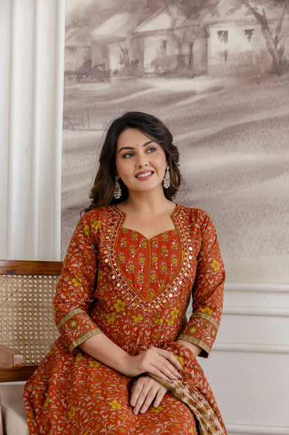 Rust Cotton Kurti Frock 3 Pieces Set