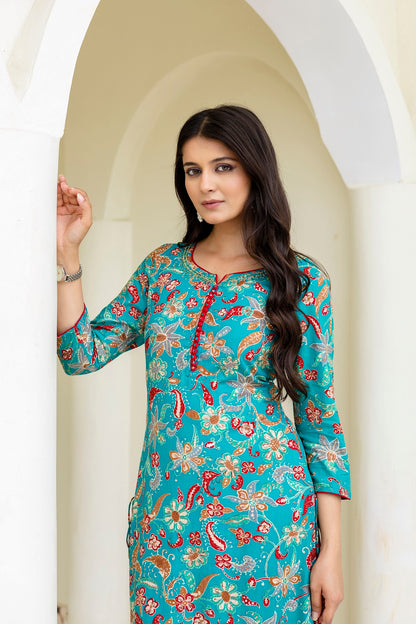 Rama Green Rayon Printed Straight Kurti