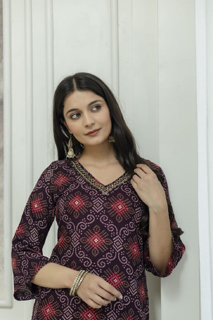 Wine Rayon Handwork Straight Cut Kurti