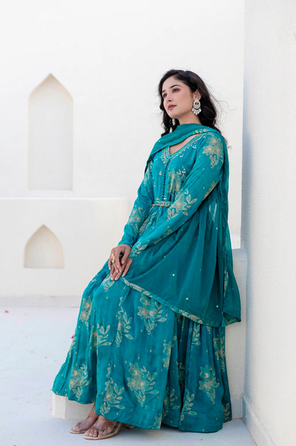 Rama Green Chinon Frock Kurti 3 Pieces Set