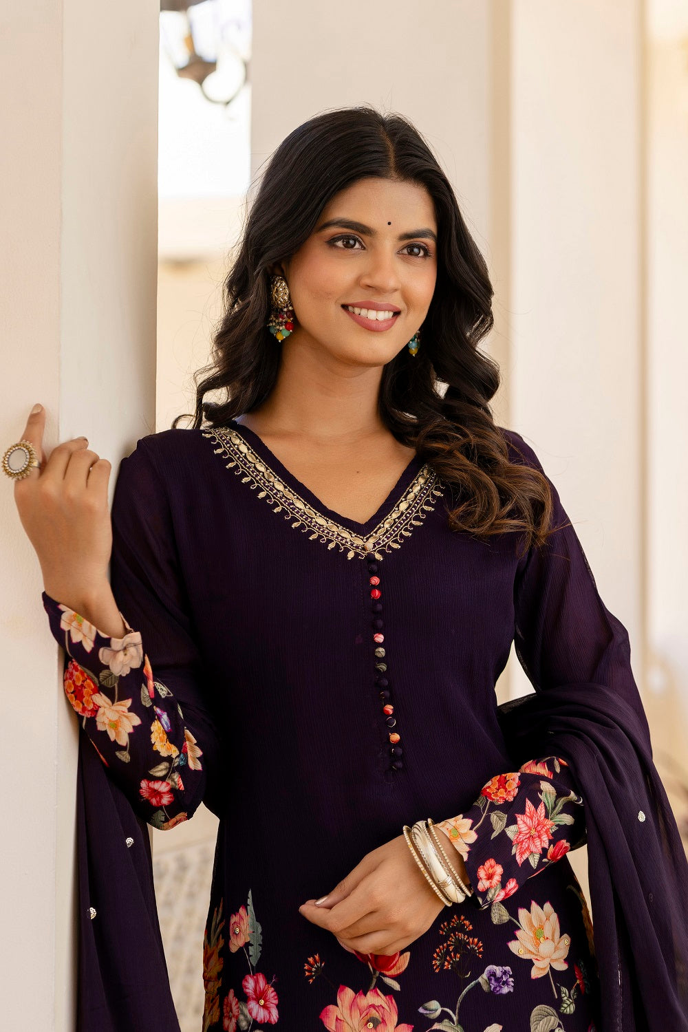 Dark Violet Chinon Short Kurti 3 Pieces Set
