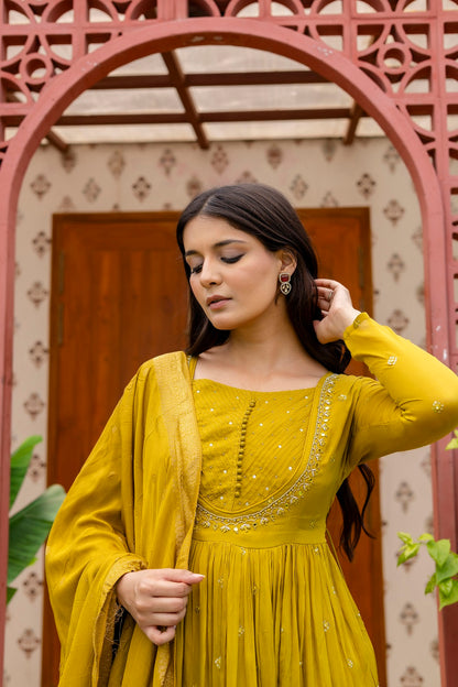 M Green Chinon Frock Kurti 3 Pieces Set