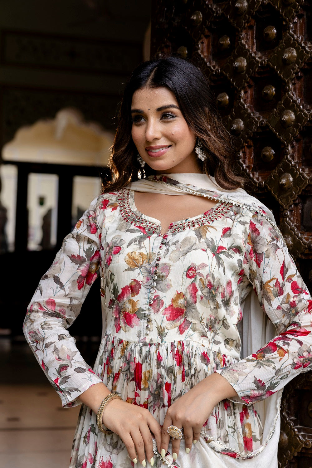 Cream Chinon Frock Kurti 3 Pieces Set