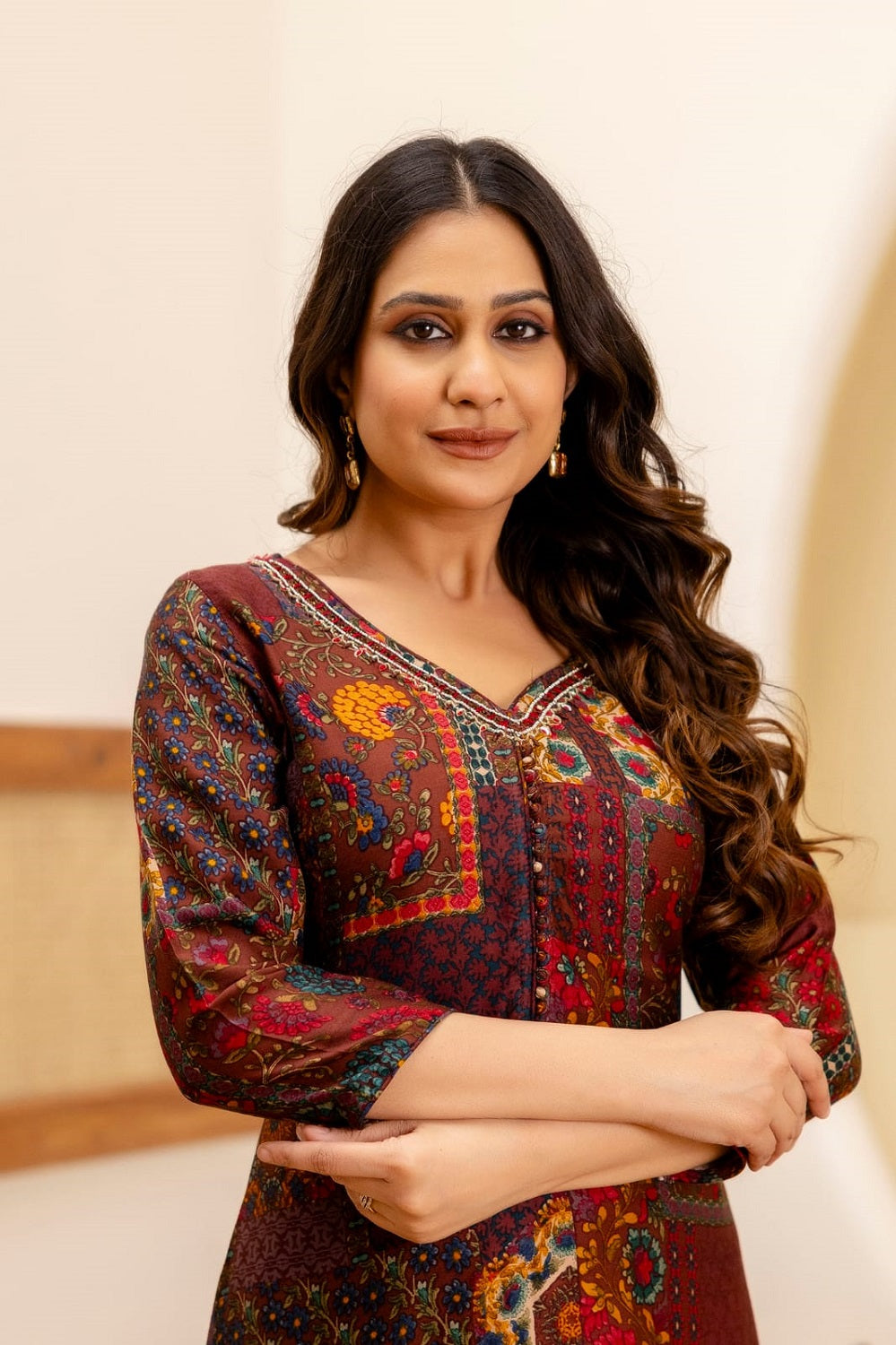 Brown Rayon Printed Straight Kurti