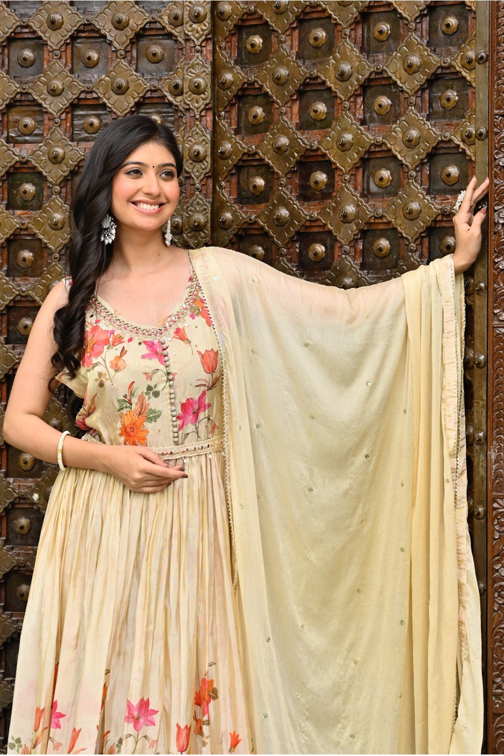 Gold Colour Chinon Frock Kurti 3 Pieces Set