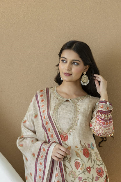 Buff Silk Kurti Sharara 3 Pieces Set