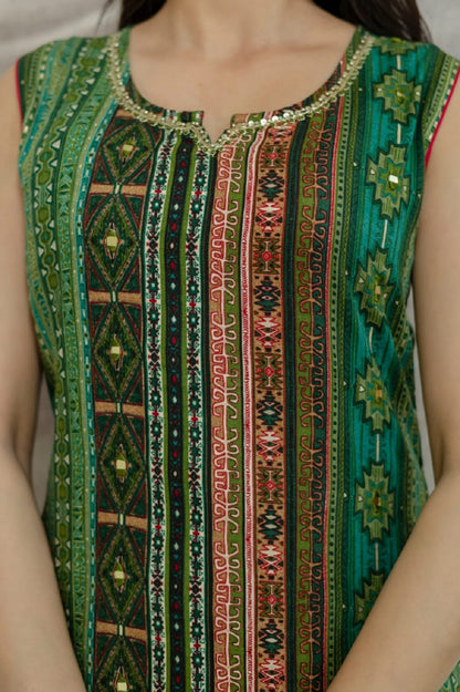 Green Rayon Handwork Straight Cut Kurti