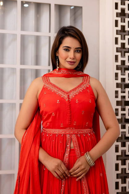 Red Chinon Skirt Kurti 3 Pieces Set