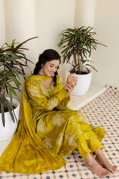 M Green Chinon Frock Kurti 3 Pieces Set