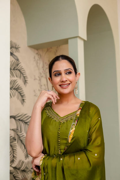 M Green Silk Kurti Sharara 3 Pieces Set