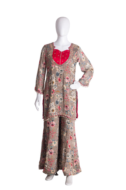 Brown Chinon Garara Kurti 3 Pieces Set