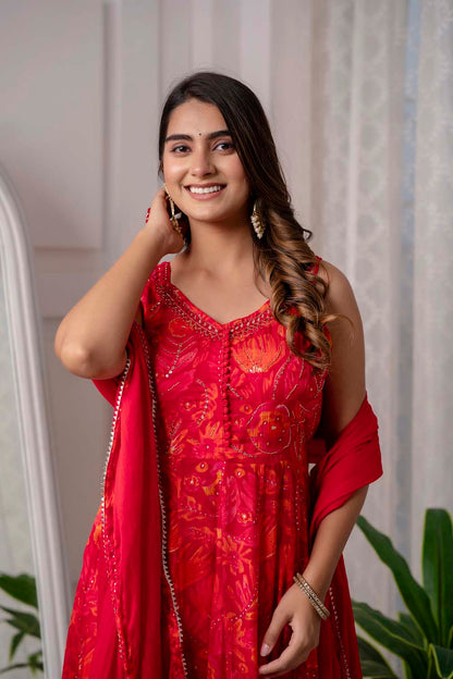 RED PARTYQUEEN KURTI FROCK PANT WITH DUPATTA SET