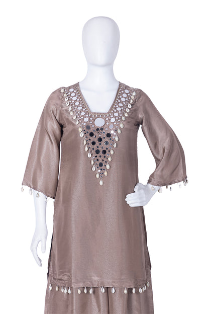L Brown Tissue Kurti Plazo 3 Pieces Set